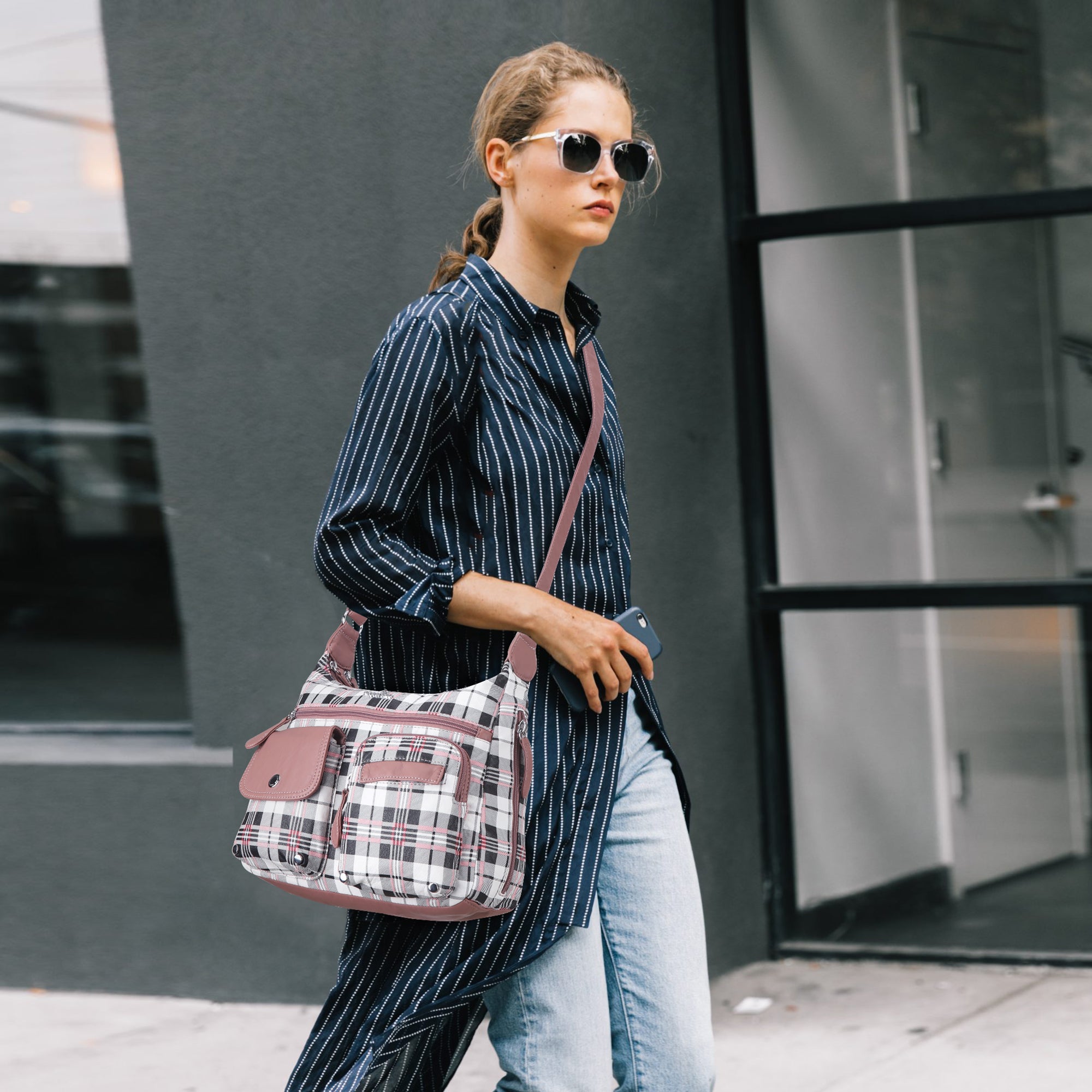 Women's plaid water wash pu leather crossbody bag-Angelkiss Bag