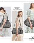 Women Shouder Handbag of Washed PU with Multi-pockets-Angelkiss Bag