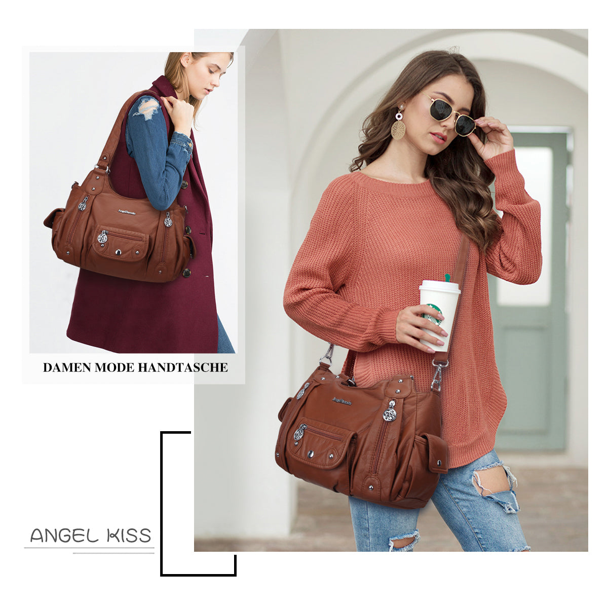 Women Shoulder Bag Handbag of Washed PU Leather-Angelkiss Bag