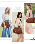Women Shouder Handbag of Washed PU with Multi-pockets-Angelkiss Bag