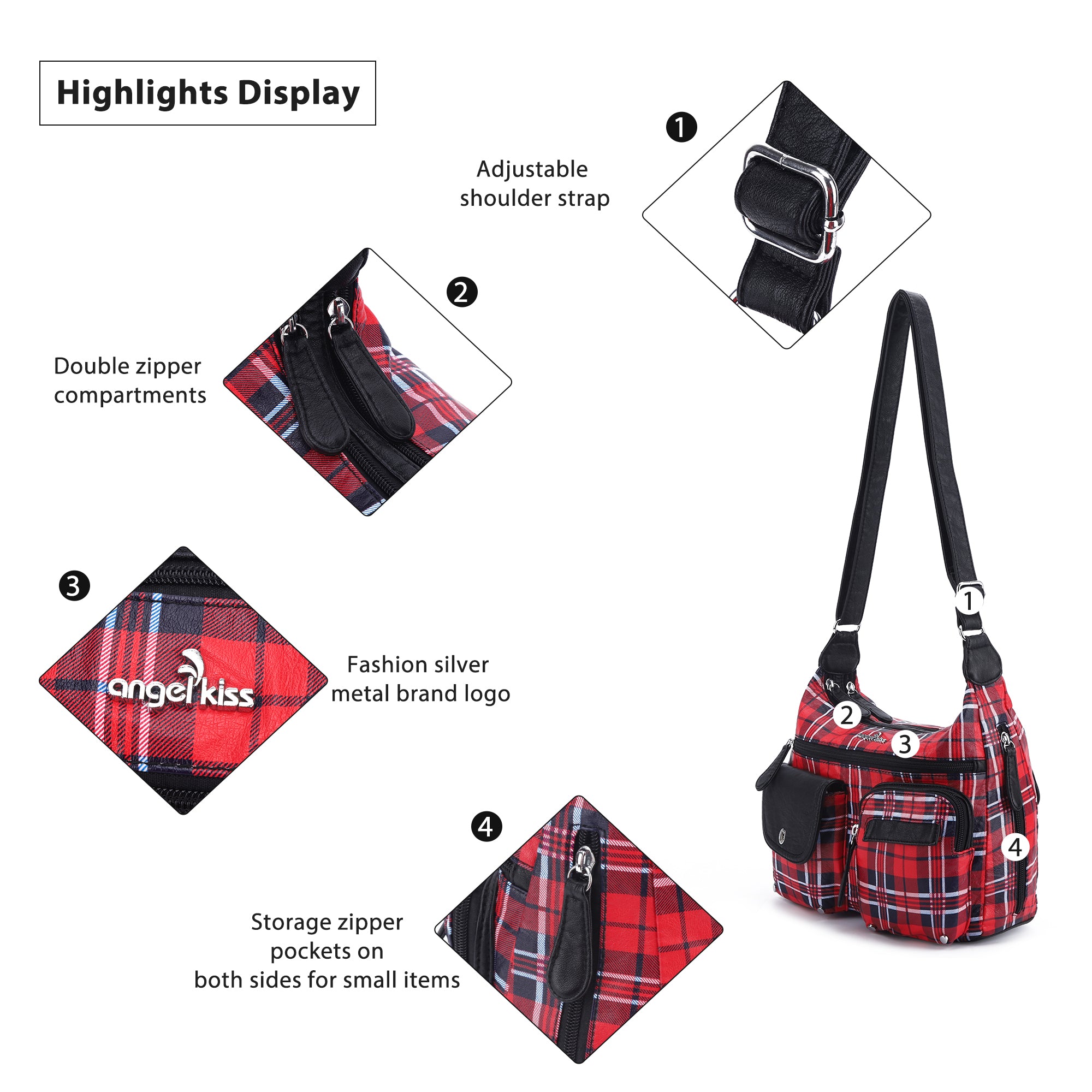 Women's plaid water wash pu leather crossbody bag-Angelkiss Bag