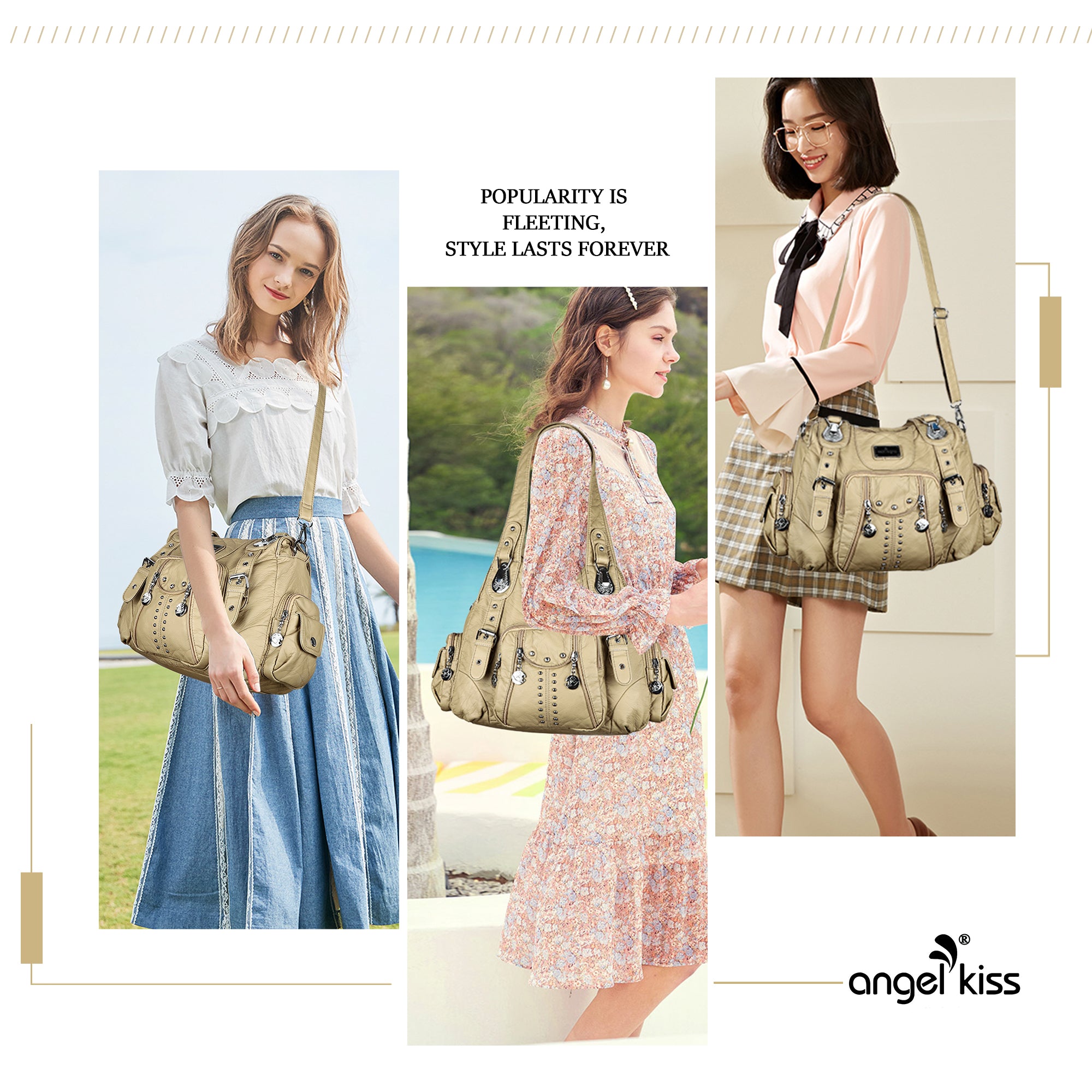 Women Shouder Handbag of Washed PU with Multi-pockets-Angelkiss Bag