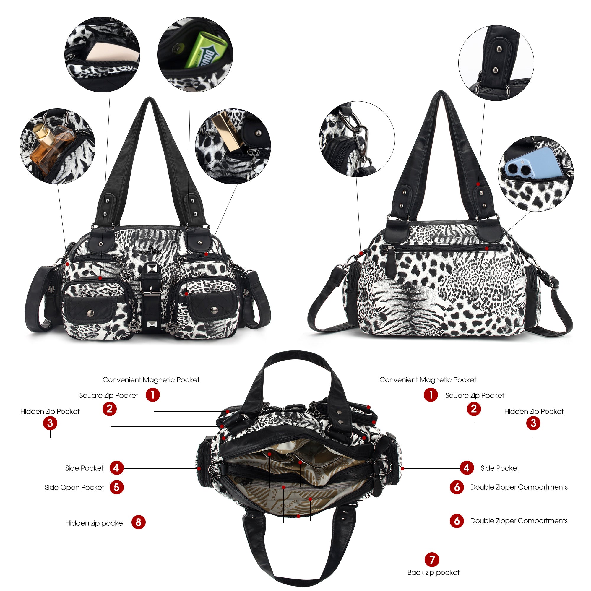 Washed Leather  Leopard print waterproof Handbag Unique Style For Women shoulder bag-Angelkiss Bag