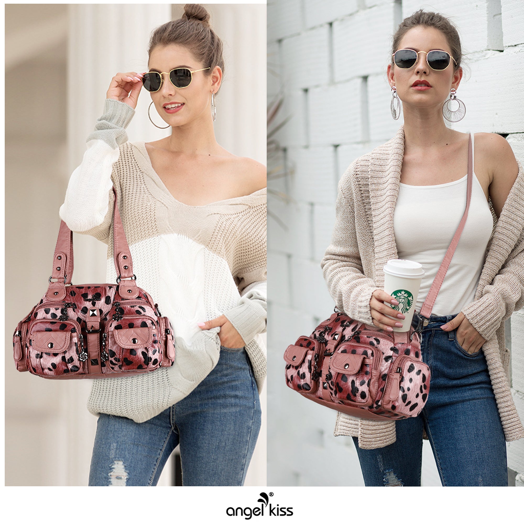 Washed Leather  Leopard print waterproof Handbag Unique Style For Women shoulder bag-Angelkiss Bag