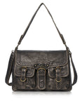 Vintage Washed Flap Shoulder Bag with Front Pockets