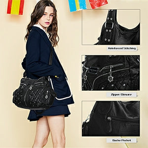 Women Large capacity hobo  Handbag Washed PU Leather-Angelkiss Bag