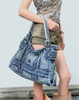 Large Washed Denim Studded Shoulder Crossbody Bag
