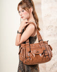 Textured Multi-Pocket Shoulder Bag with Rivet Details