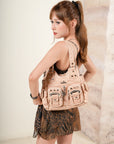 Vintage Multi-Pocket Shoulder Bag - Washed Texture with Studs & Charms
