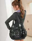 Washed Leopard Print Vintage Multi-Pocket Shoulder Bag for Women