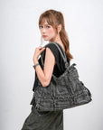 Large Washed Denim Studded Shoulder Crossbody Bag