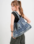 Large Washed Denim Studded Shoulder Crossbody Bag
