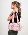 Tie-Dye Multi-Pocket Shoulder Tote Bag with Studded Zipper Details