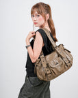 Textured Multi-Pocket Shoulder Bag with Rivet Details