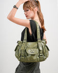 Textured Multi-Pocket Shoulder Bag with Rivet Details