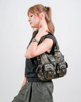 Vintage Multi-Pocket Shoulder Bag - Washed Texture with Studs & Charms