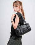 Tie-Dye Multi-Pocket Shoulder Tote Bag with Studded Zipper Details