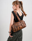 Tie-Dye Multi-Pocket Shoulder Tote Bag with Studded Zipper Details