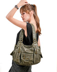 Bolso de mano vintage de piel sintética con lavado antiguo para mujer