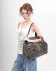 Washed PU Large-Capacity Multi-Pocket Bowler Bag