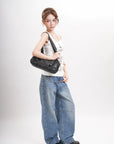 Tie-Dye Multi-Pocket Shoulder Tote Bag with Studded Zipper Details