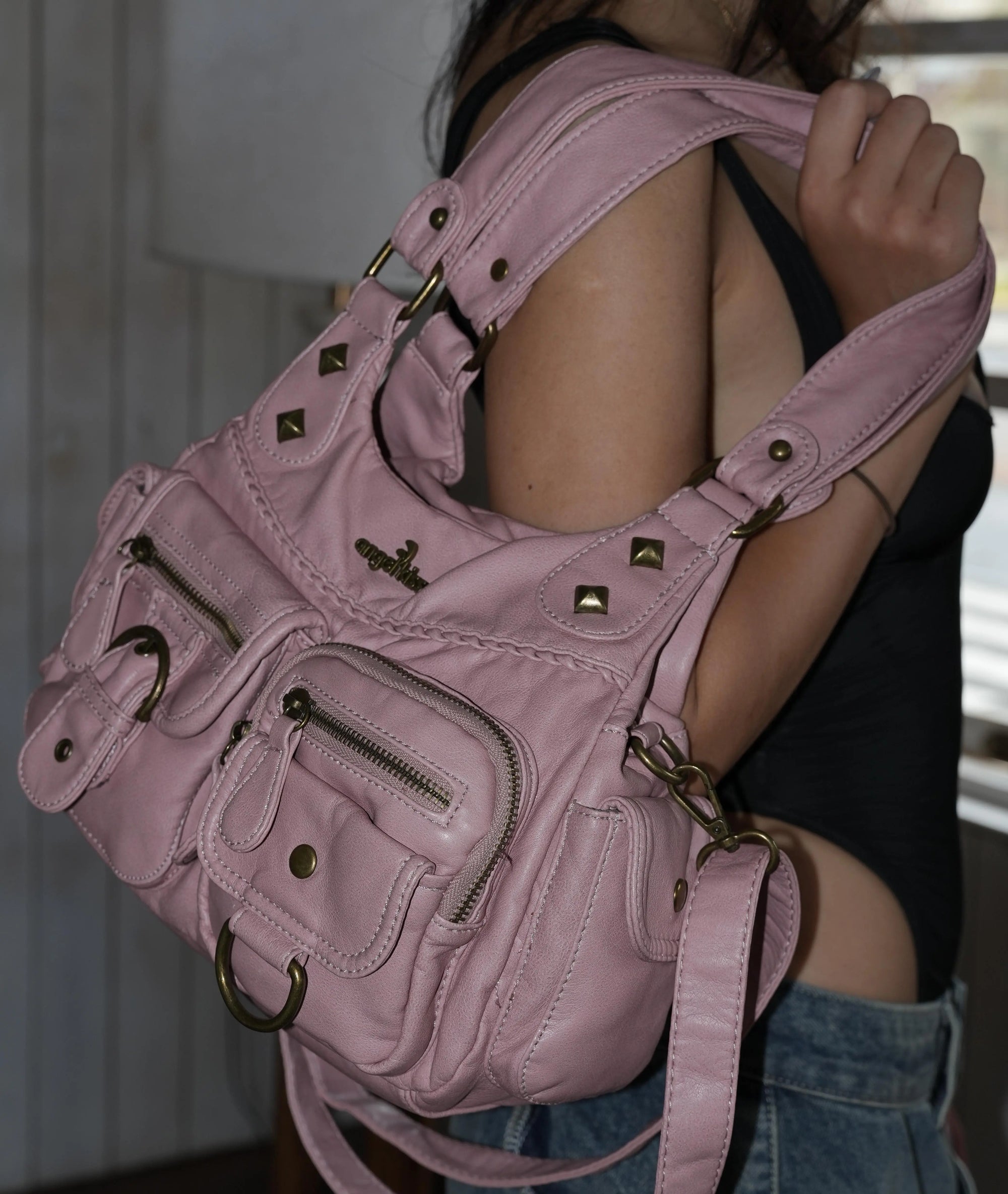 Tie-Dye Pink Multi-Pocket Vegan Leather Shoulder Tote Handbag