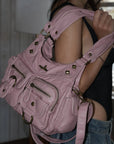 Tie-Dye Pink Multi-Pocket Vegan Leather Shoulder Tote Handbag
