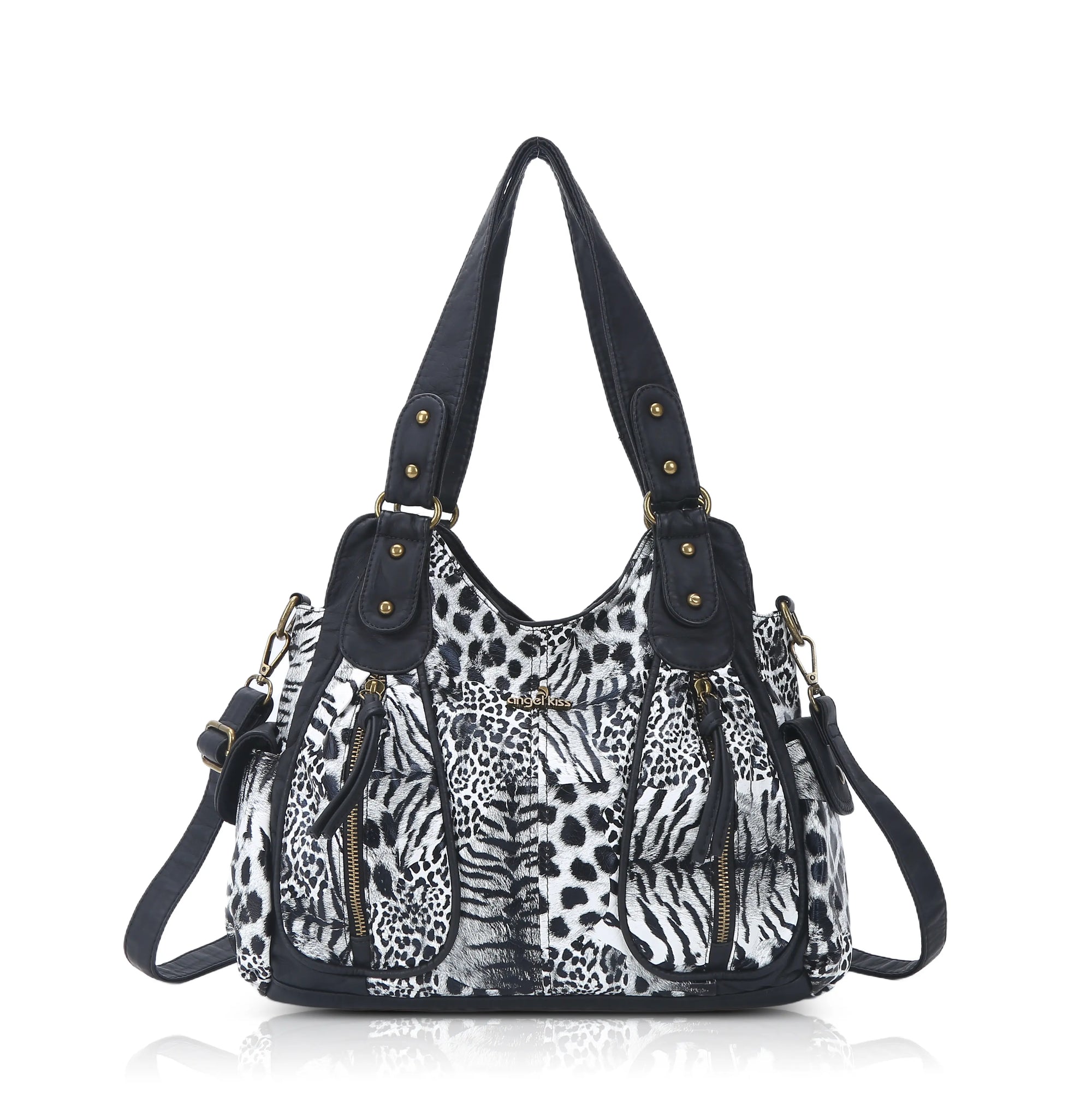 Leopard / Denim Style Tote โ Multi-Pocket Womenโs Bag with Dual Style Options