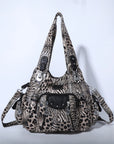 Washed leopard print PU multi-pocket shoulder bag for women
