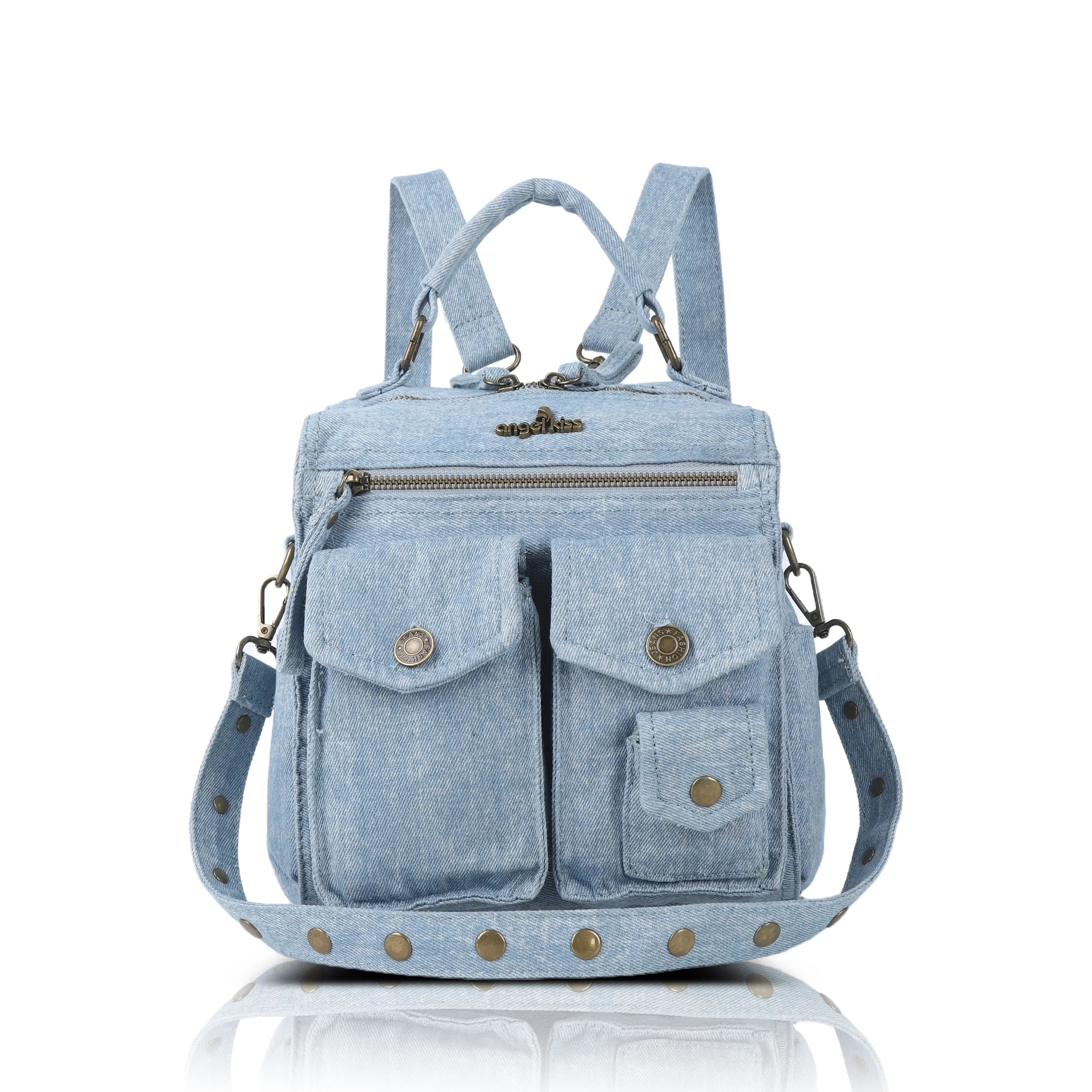 Denim Vintage Backpack – Multi-Pocket Convertible Tote for Commuting & – Angelkiss Bag Denim Vintage Backpack – Multi-Pocket Convertible Tote for Commuting & – Angelkiss Bag