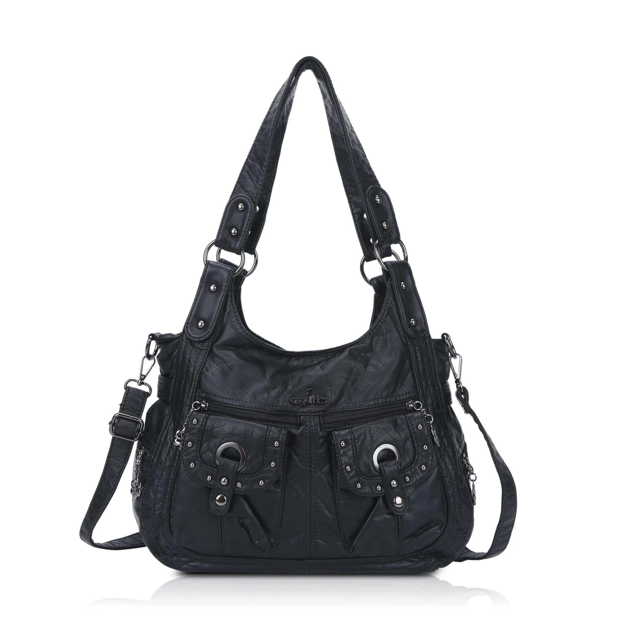Vintage Studded Shoulder Bag with Dual Front Pockets