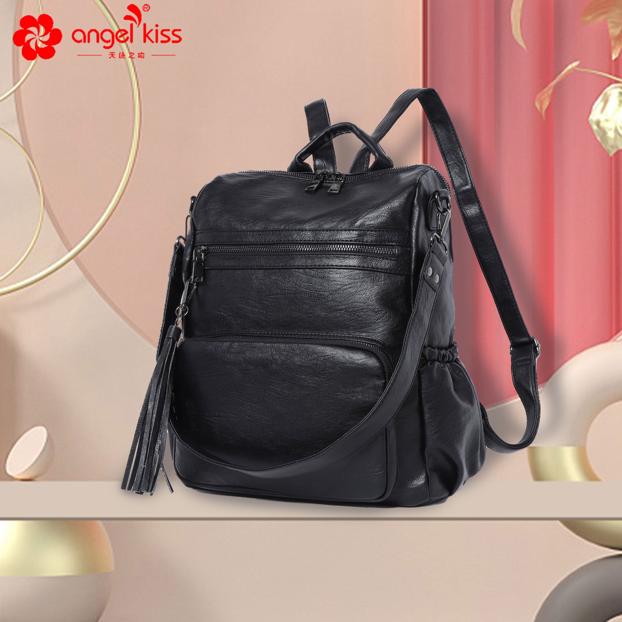 Women's large capacity backpacks for school, pu wash leather-Angelkiss Bag