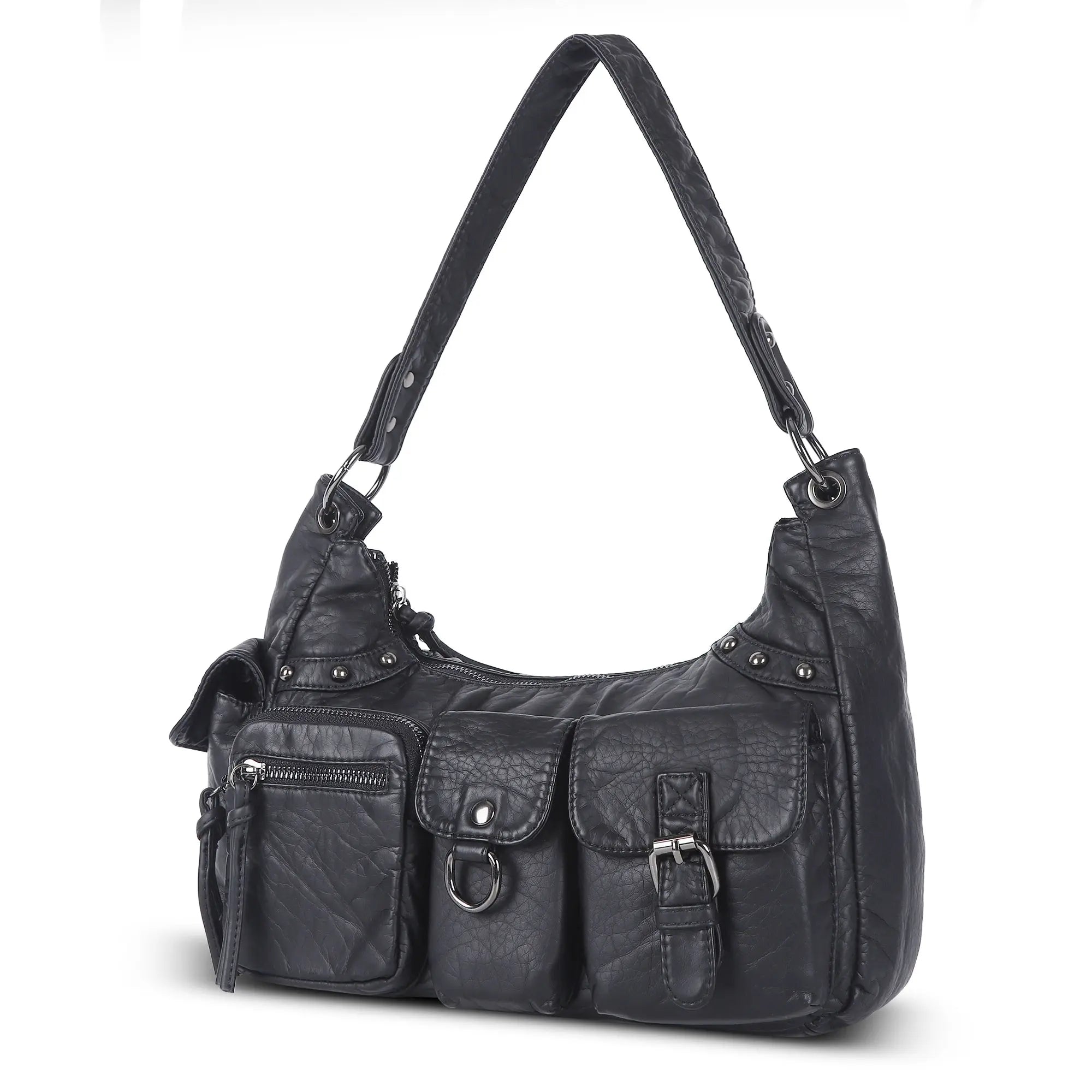 Vintage-Inspired Vegan Leather Shoulder Bag with Multi-Pocket Design