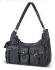 Vintage-Inspired Vegan Leather Shoulder Bag with Multi-Pocket Design