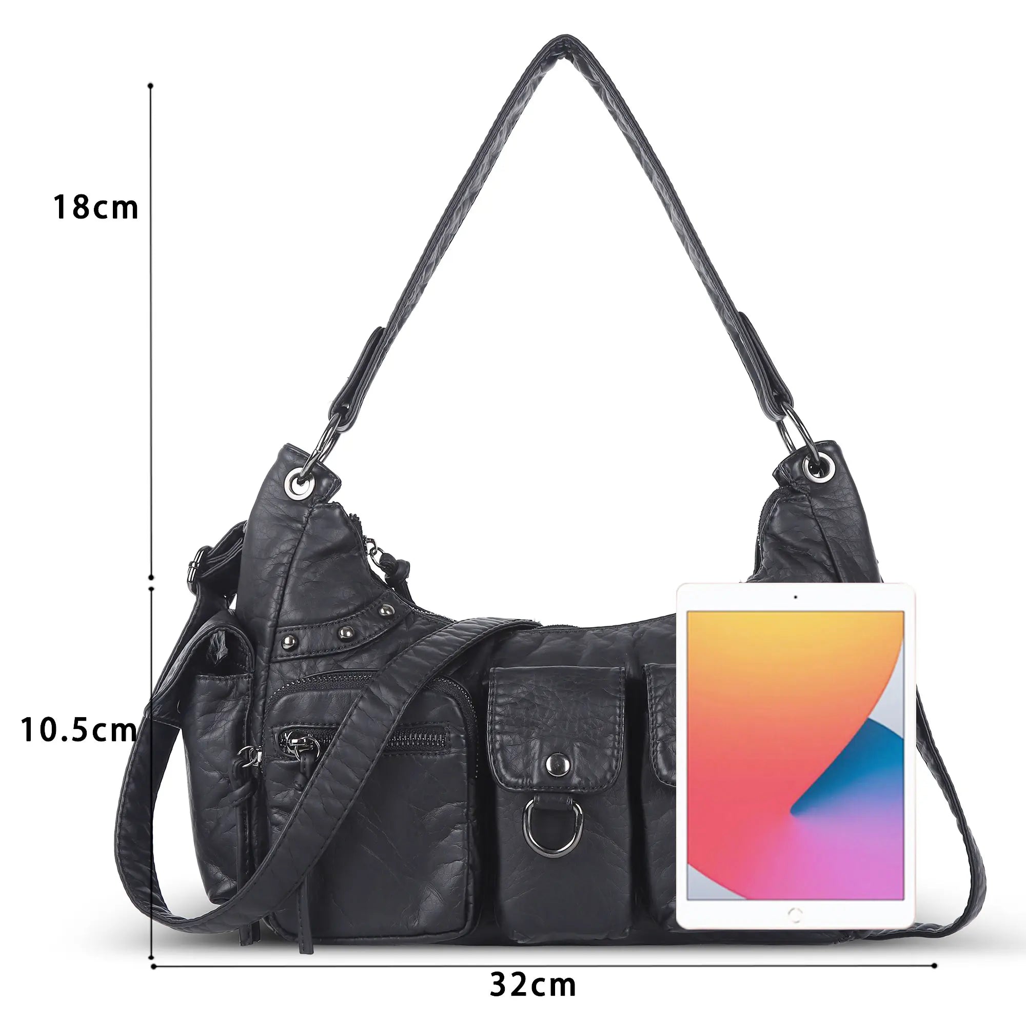 Vintage-Inspired Vegan Leather Shoulder Bag with Multi-Pocket Design