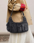 Vintage-Inspired Vegan Leather Shoulder Bag with Multi-Pocket Design