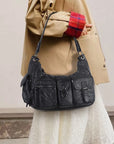 Vintage-Inspired Vegan Leather Shoulder Bag with Multi-Pocket Design