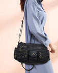 Vintage Bronze PU Leather Handbag – Multi-Pocket Shoulder Tote & Crossbody Bag