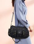 Vintage Bronze PU Leather Handbag – Multi-Pocket Shoulder Tote & Crossbody Bag