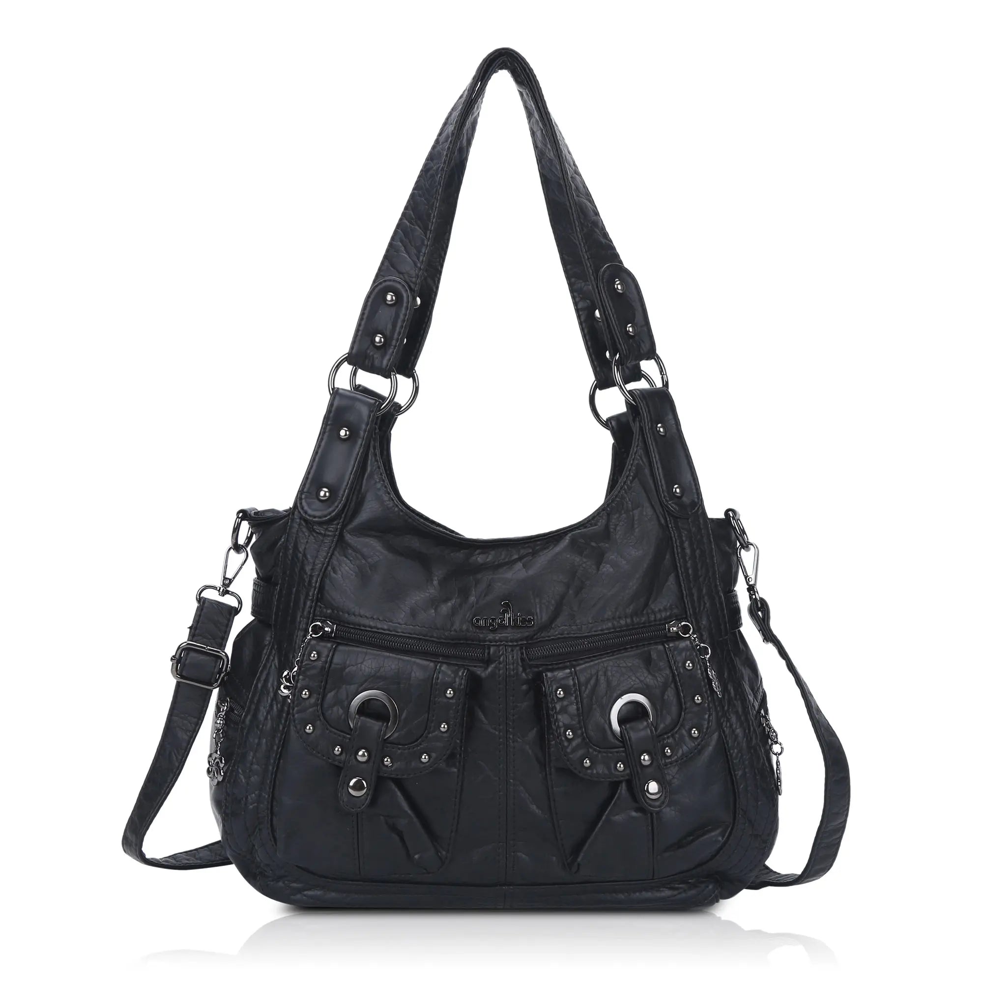 Vintage Studded Shoulder Bag with Dual Front Pockets