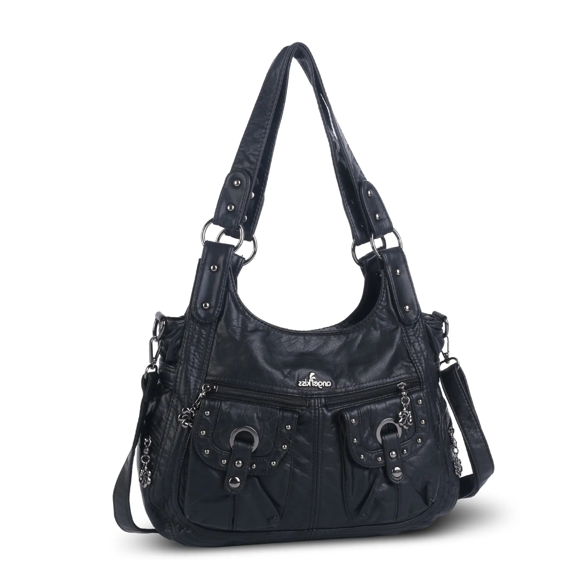 Vintage Studded Shoulder Bag with Dual Front Pockets