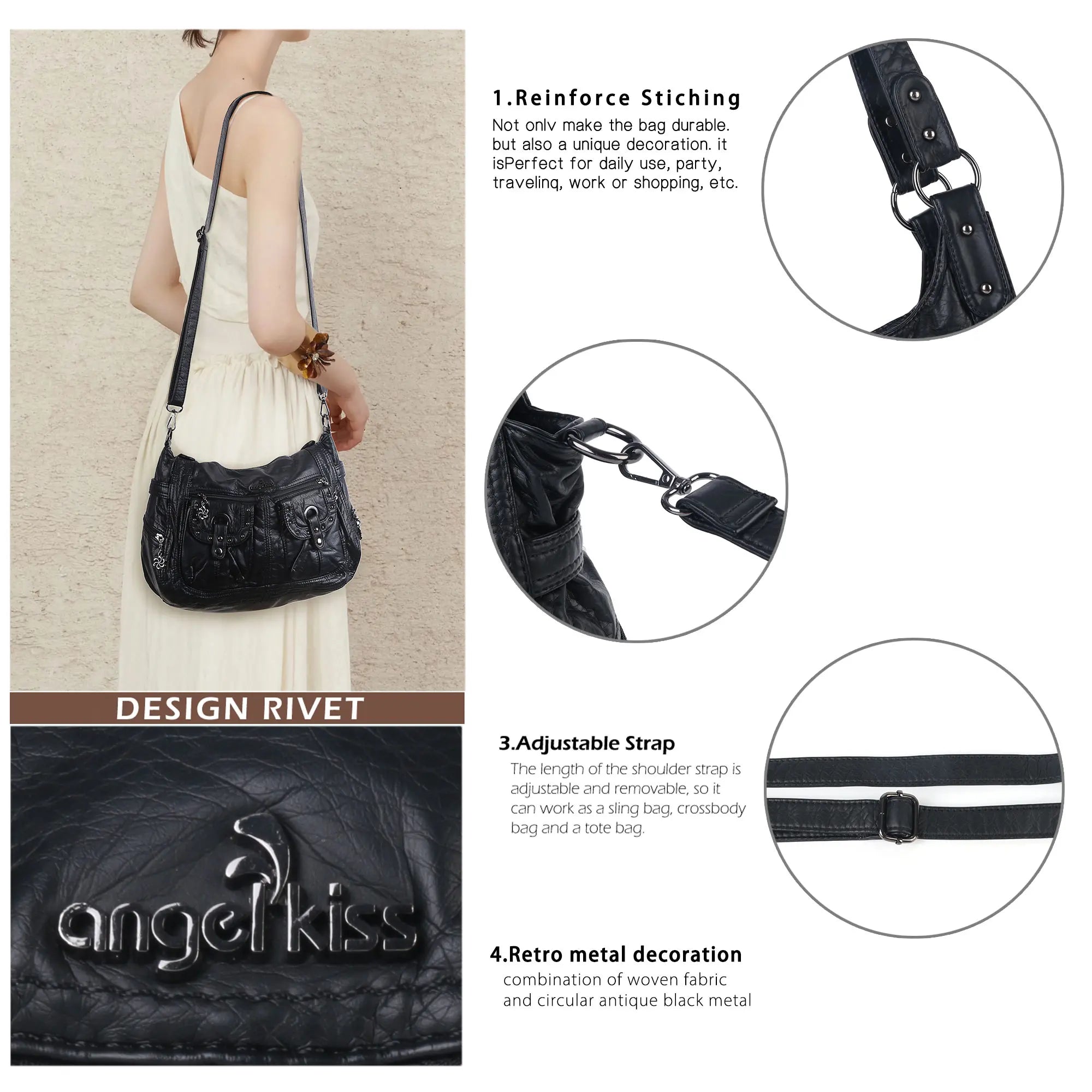 Vintage Studded Shoulder Bag with Dual Front Pockets