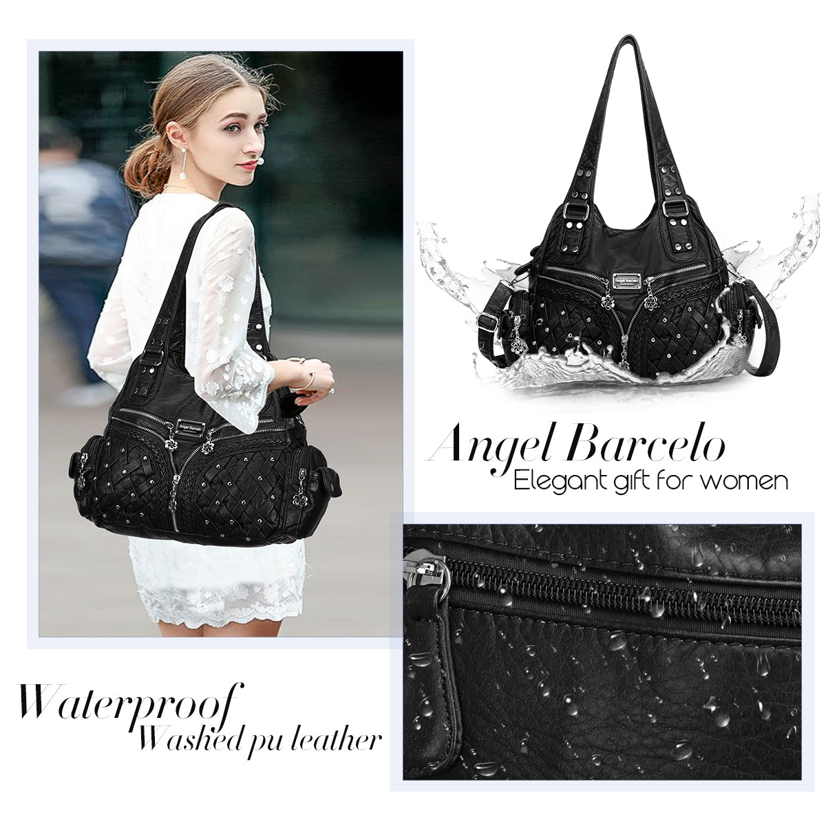 Women Large capacity hobo  Handbag Washed PU Leather-Angelkiss Bag