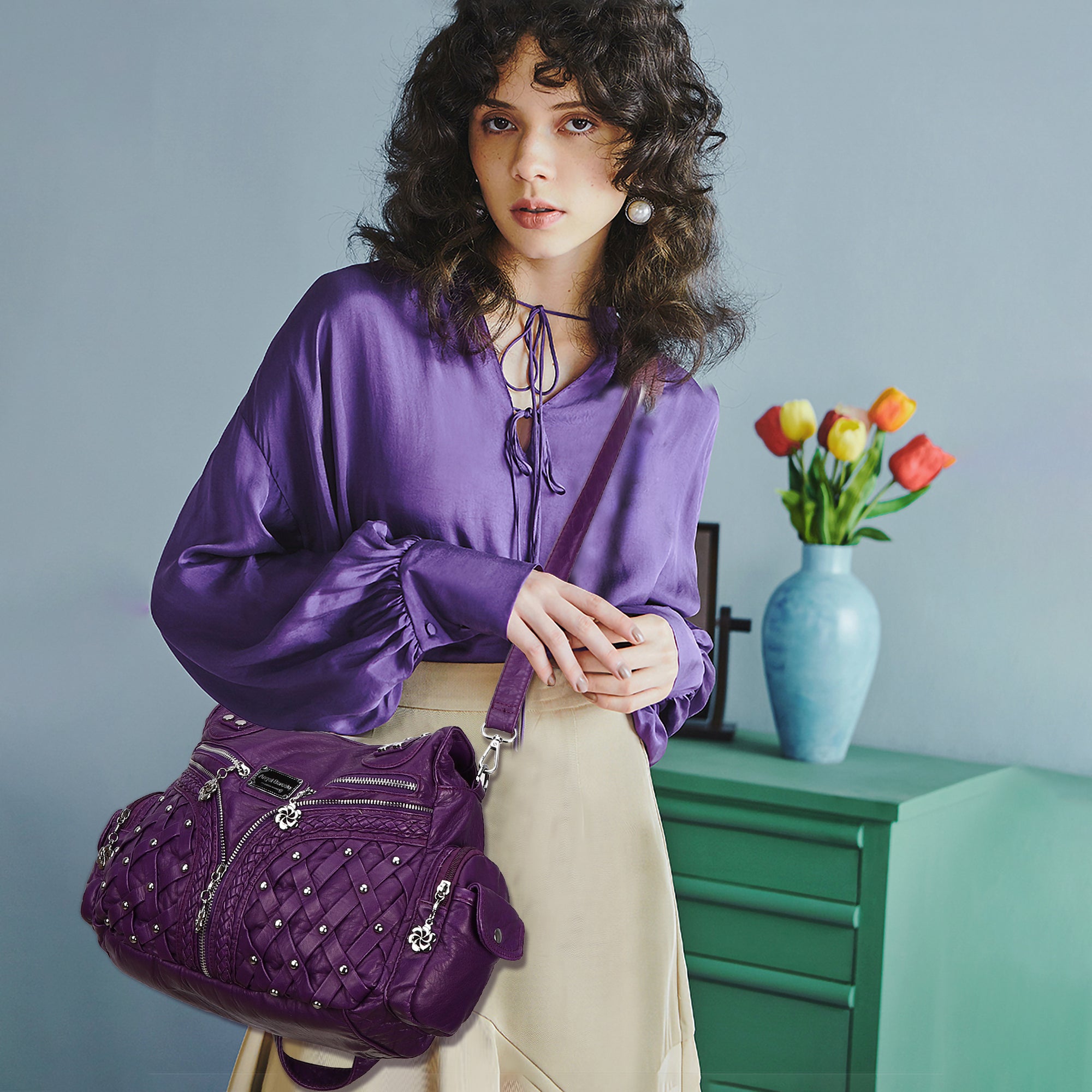 Women Large capacity hobo  Handbag Washed PU Leather-Angelkiss Bag