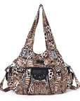 Washed leopard print PU multi-pocket shoulder bag for women-Angelkiss Bag