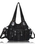 Women Shouder Handbag of Washed PU with Multi-pockets-Angelkiss Bag