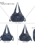 Washed denim vintage PU multi-bag shoulder bag for women-Angelkiss Bag