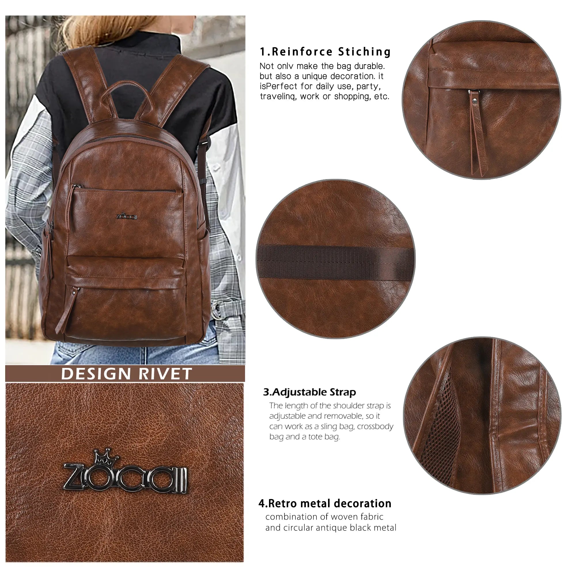 Outdoor Travel Backpack – Vintage Vegan Leather Hiking Daypack with Multi-Pocket Design | Angelkiss