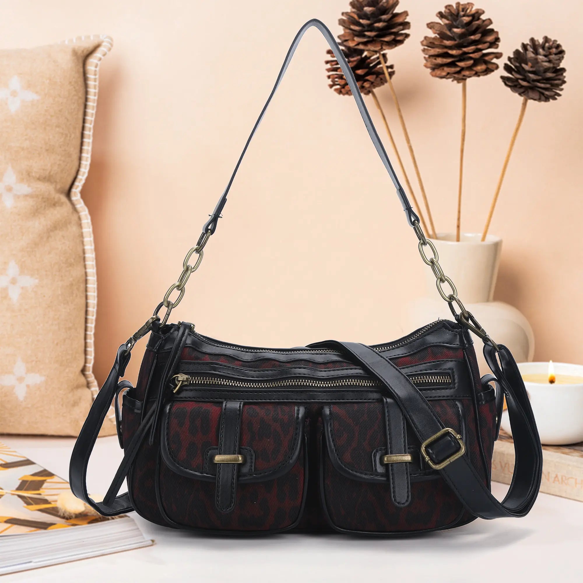 Vintage Leather Tote Shoulder Bag For Women - Printed Crossbody PU Bag With Adjustable Strap