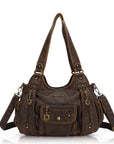 Vintage do old wash PU leather women's shoulder bag tote bag-Angelkiss Bag
